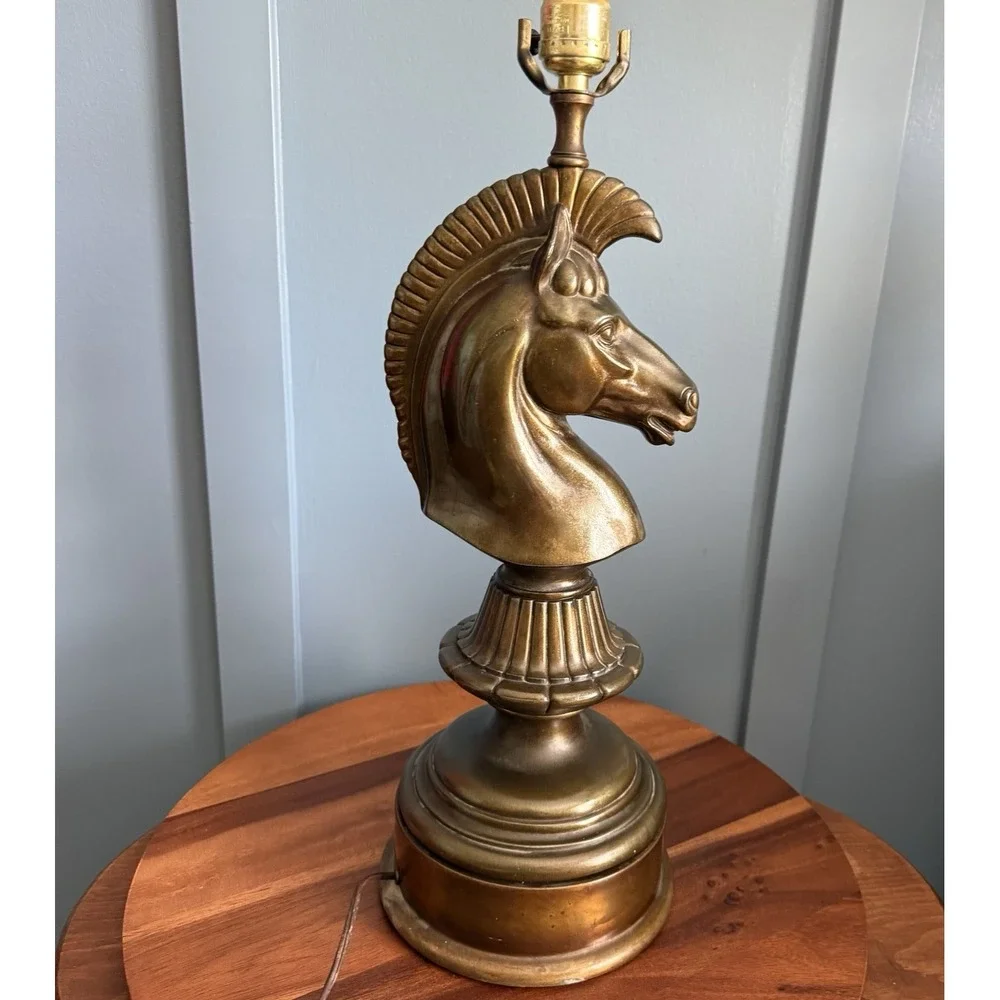 Vintage Brass Horse Head Bust Lamp Equestrian Hollywood Regency Chess Knight 21